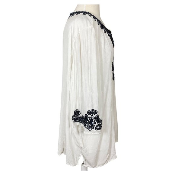 Chicos White Gauze 3/4 Sleeve V-Neck Lined Navy Beaded Embellished Tunic 16/18 - Picture 7 of 14